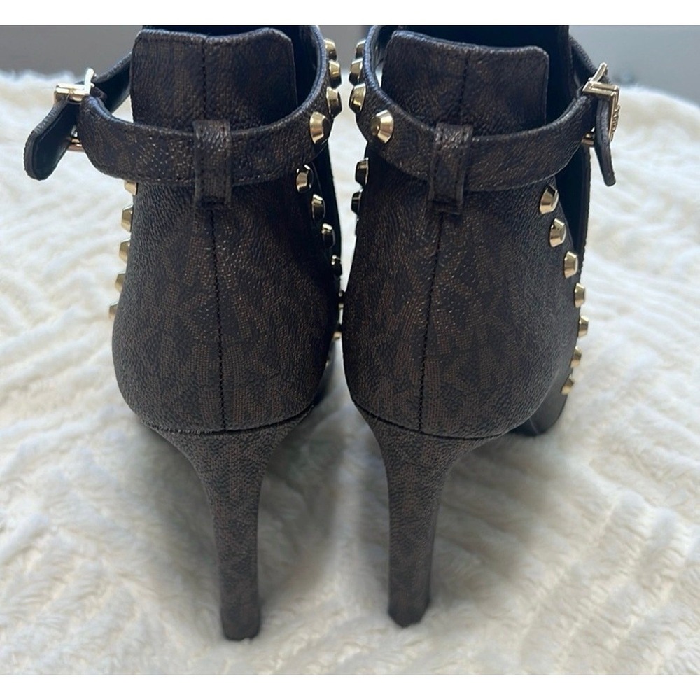 Michael Kors Logo Lawson Studded Heels – Brown Peep Toe Booties – Size 9M - Picture 4 of 12